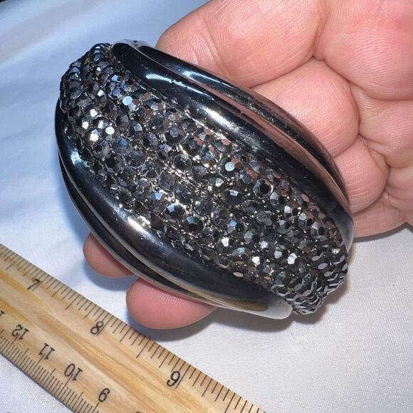 Vintage Gunmetal And Hematite Crystal MCM Hinged Cuff Bracelet - Picture 7 of 15